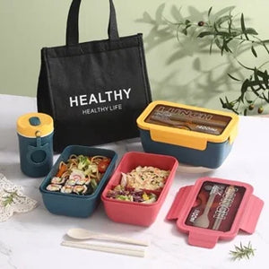 Kit Lancheira de Microondas Portátil 1100ML e 1400ML com Talheres e Copo Recipiente De Alimento Junto com Copo Bento Boxes